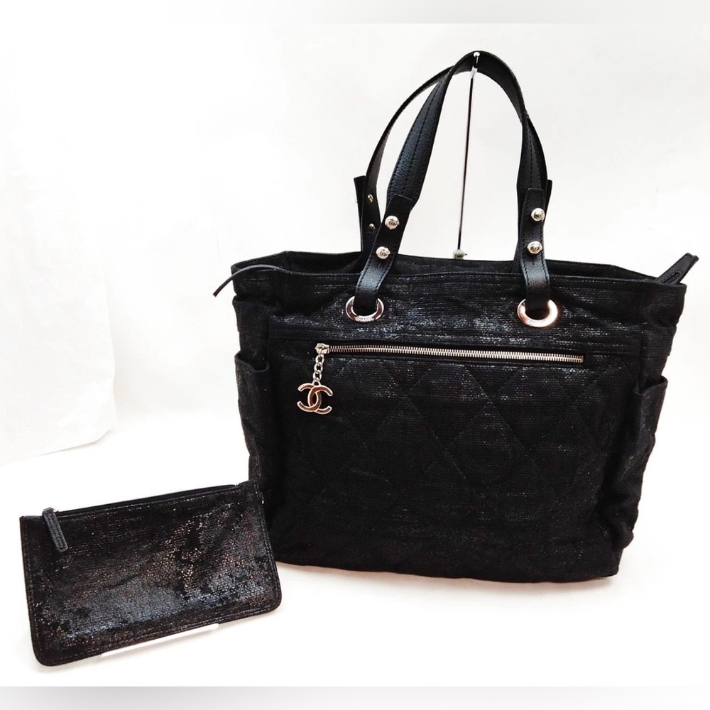 CHANEL Black Coated Canvas/Fabric Sparkle Tote With Pochette